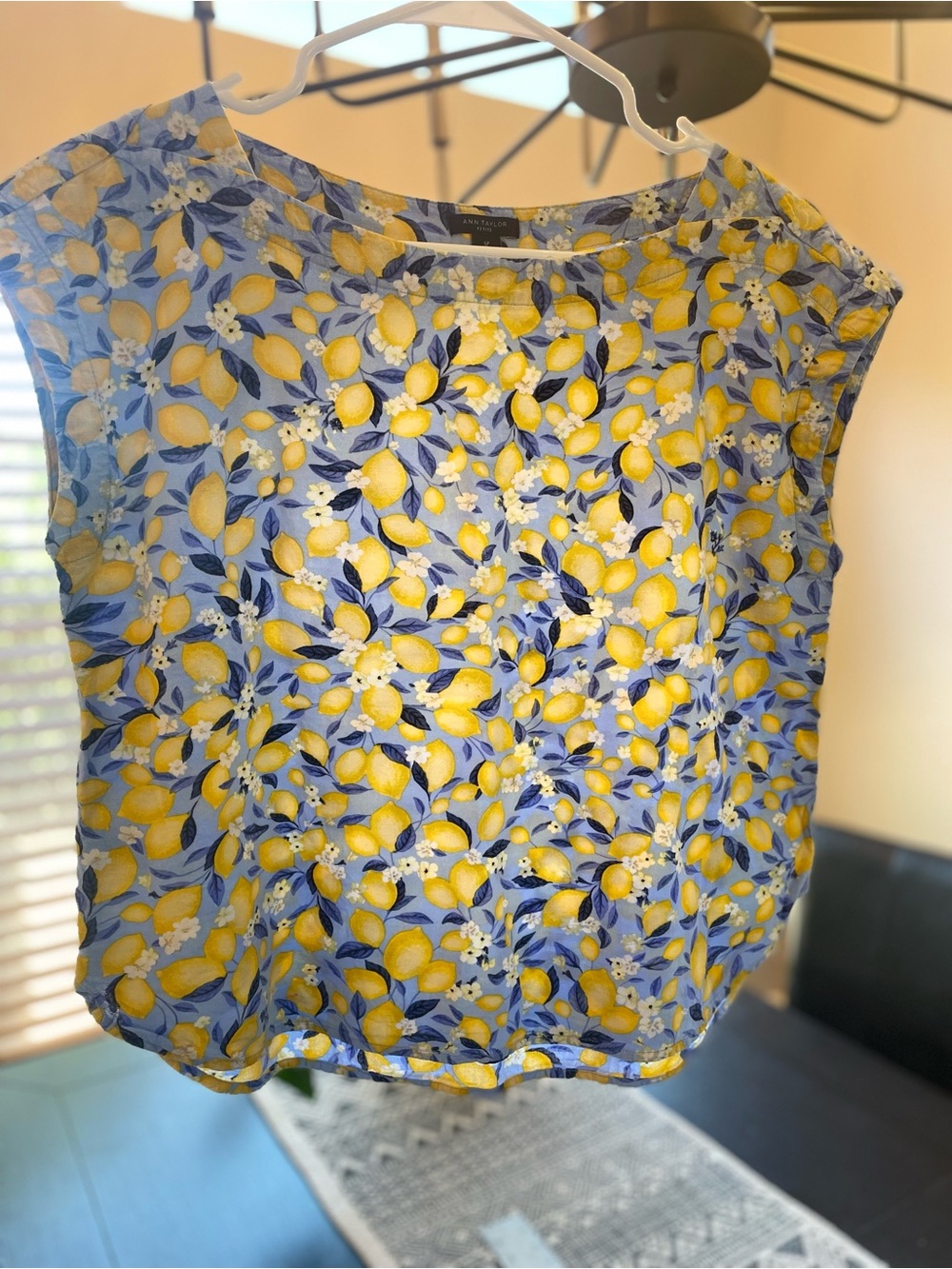 Ann Taylor Yellow & Blue Lemon Blossom Print Cap Sleeve Soft Linen Top